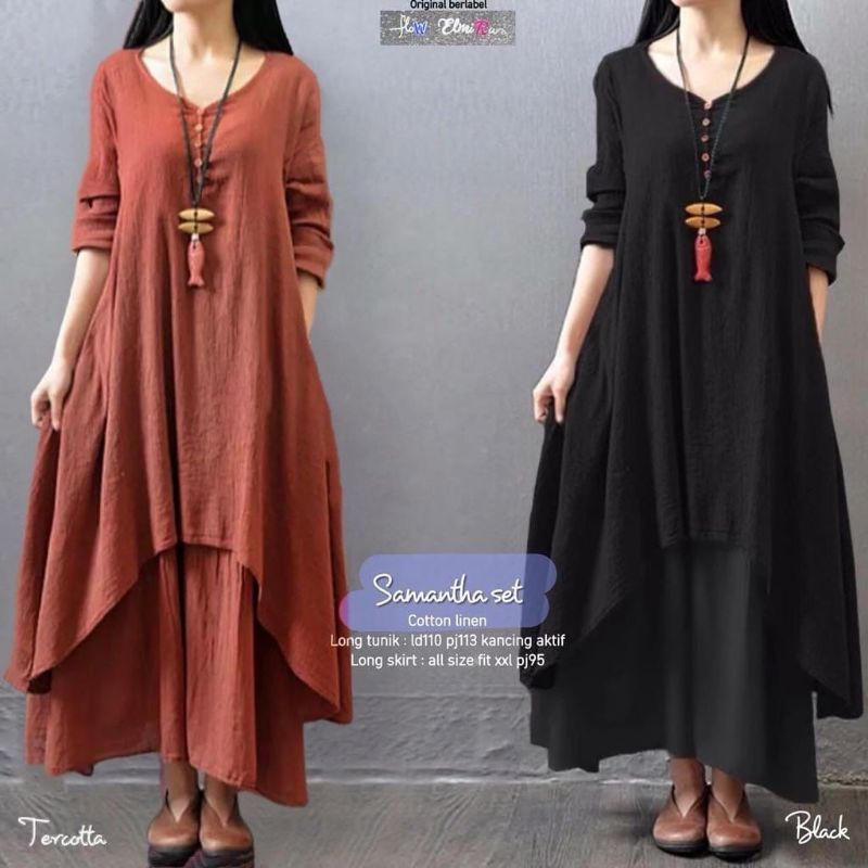 SAMANTHA SET LINEN BY FLOW LONG TUNIK BUSUI + ROK PANJANG