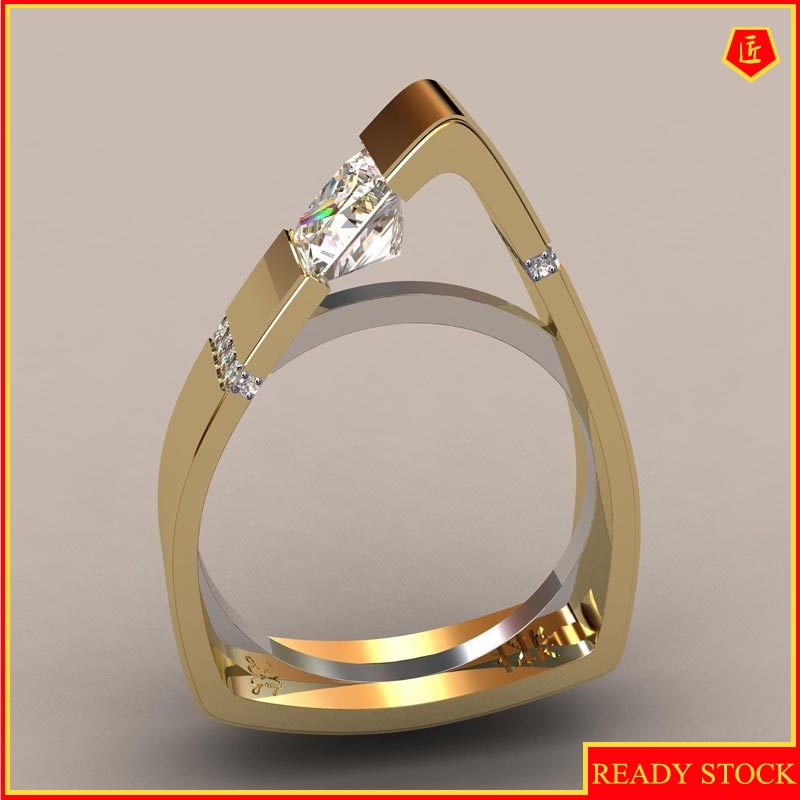 [Ready Stock]Creative Geometric Triangle Diamond-Studded Ring 18K Gold Color Separation