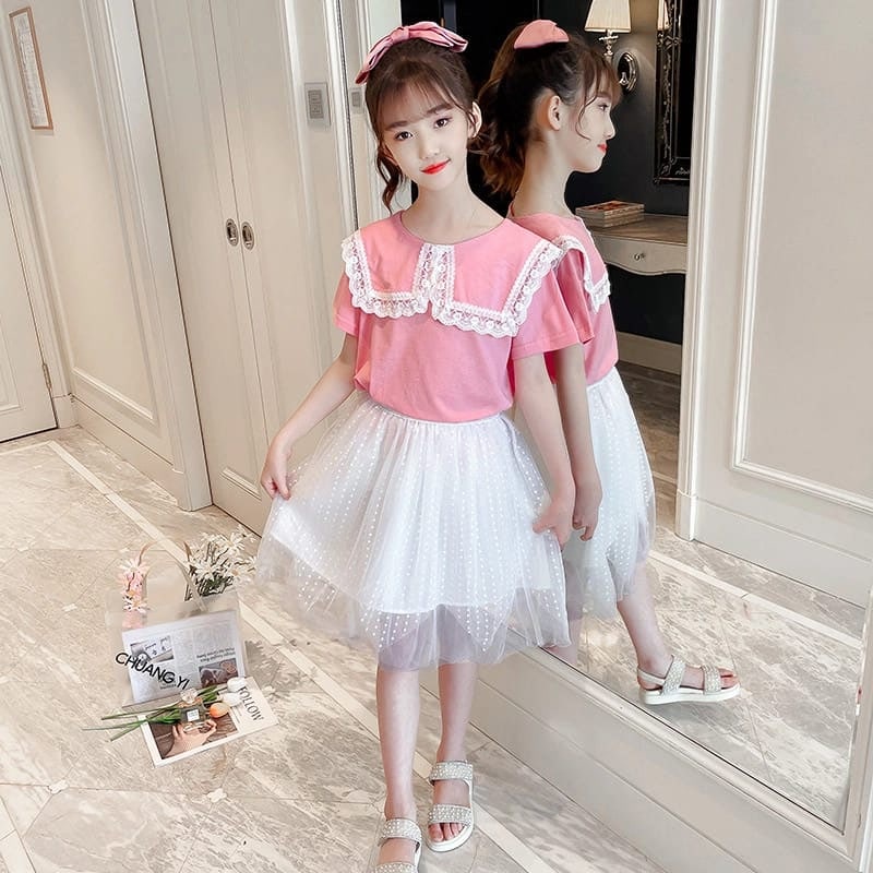 Promo !! Setelan baju korean fashion - setelan sailor renda tutu import uk 3 dan 4 th (Pink putih, Biru putih)