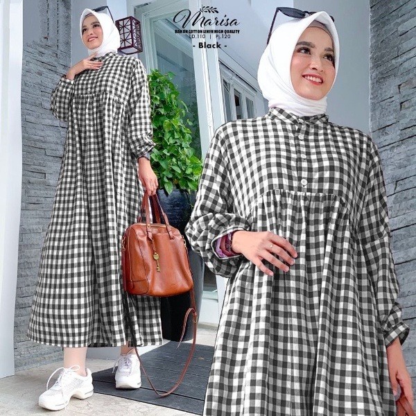 Marisa Dress - Tunik Terbaru - BUSUI FRIENDLY - Motif Kotak Kotak - Best Seller - COD/ dk_collection