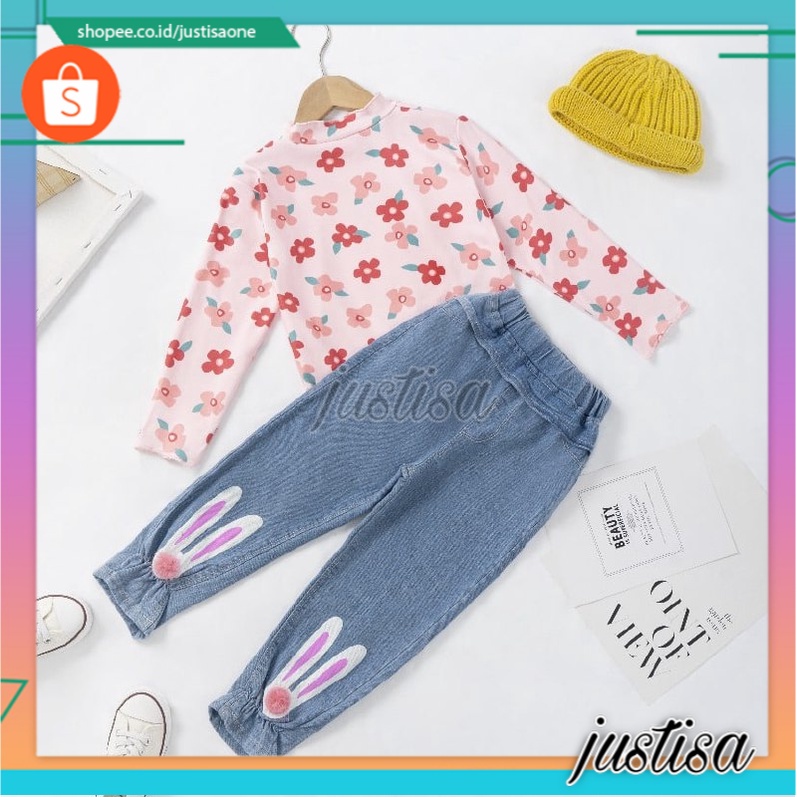 Promo !! Setelan baju panjang anak / setelan pants ear bunny flower ukuran 3-4tahun / Setelan anak import / Oneset anak trendy