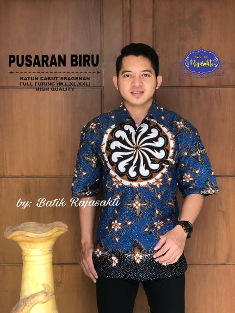 Batik Solo PUSARAN BIRU Kemeja Pria Katun Halus Sragenan Full Furing