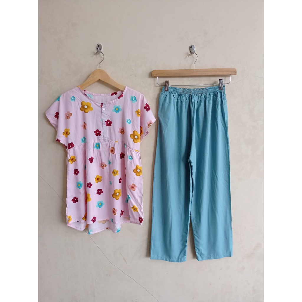SETELAN BAJU TIDUR PIYAMA WANITA ONE SET PAJAMAS RUFFLE KANCING BUSUI CELANA PANJANG-2