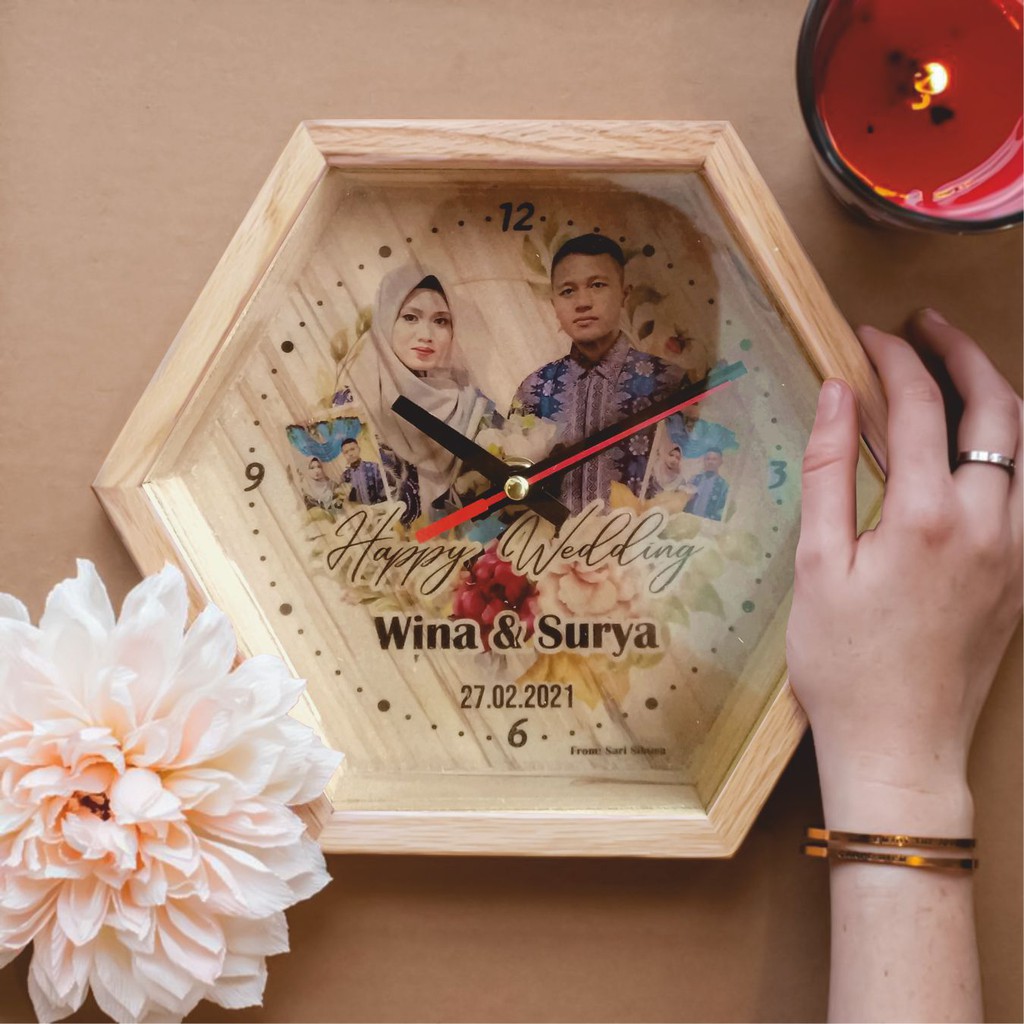 Jam dinding jam meja kayu custom Hexagon 24cm