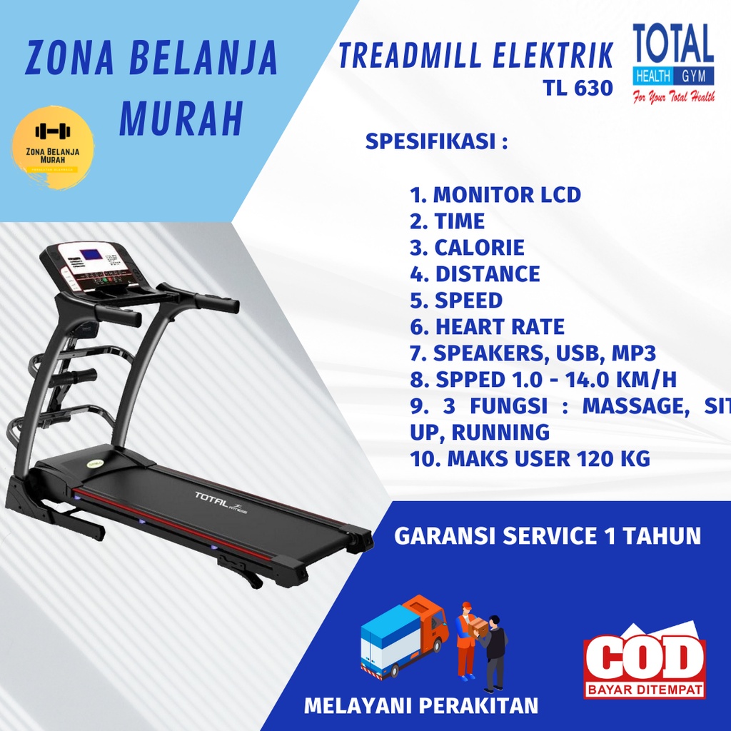 TOTAL FITNESS Alat Fitnes Lari Treadmill Elektrik 2 hp TL 630 Auto Incline
