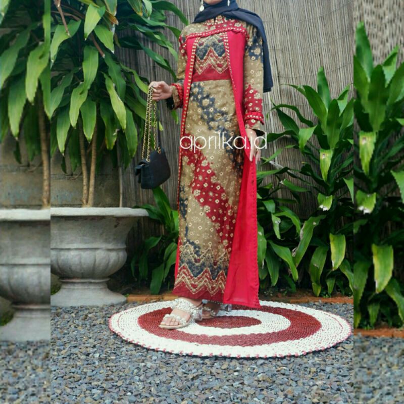 Dress jumputan gamis Hamidah merah baju kondangan baju pesta batik kebaya