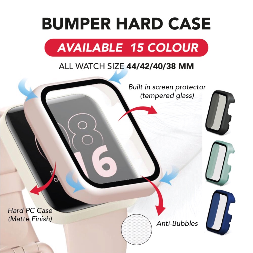 Hardcase + Screen Protector Tempered Glass For Apple Watch Bumper case iWatch pelindung Series 1 2 3 4 5 6 7 8 9 SE 38 40 42 44 41 45mm