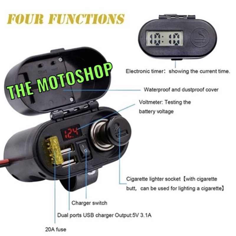 VOLTMETER 4 IN 1 DENGAN 2 CHARGER USB / JAM DIGITAL / TOMBOL ON OFF / PEMANTIK ROKOK /  SOCKET LIGHTER CIGARETTES