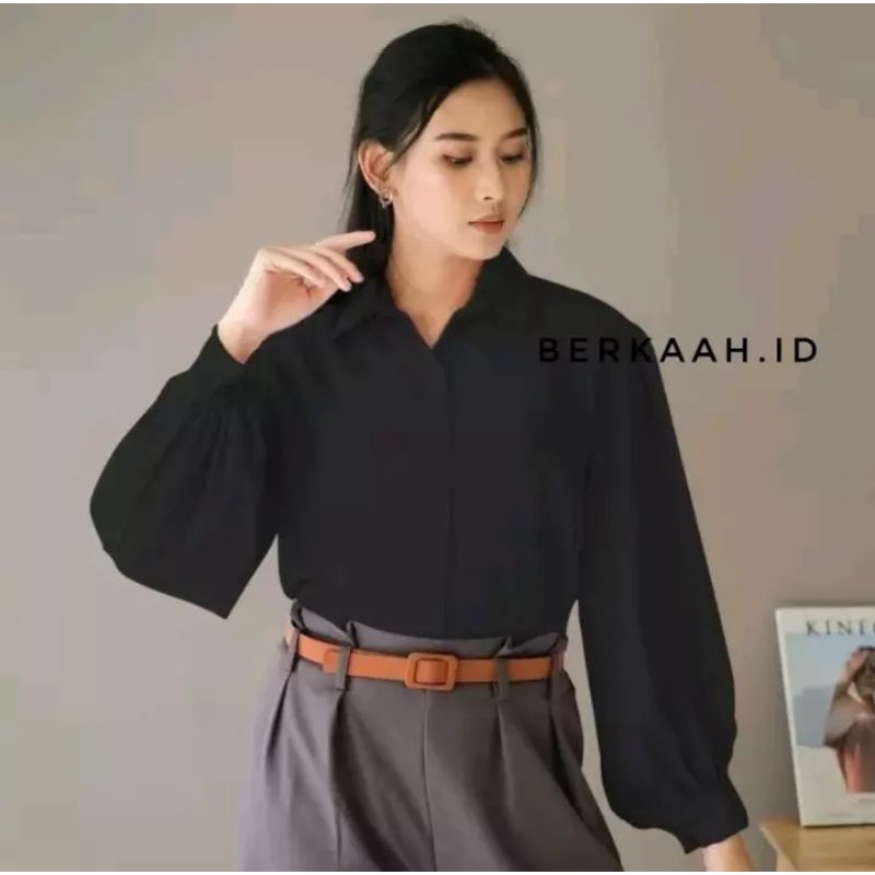 atasan blouse audrey kemeja cewek hitam putih lengan balon
