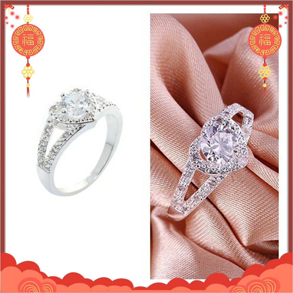 [Gratis Ongkir Min.0]925 Sterling Silver Crystal Cinta Hati Berbentuk Cincin Perhiasan Pengantin