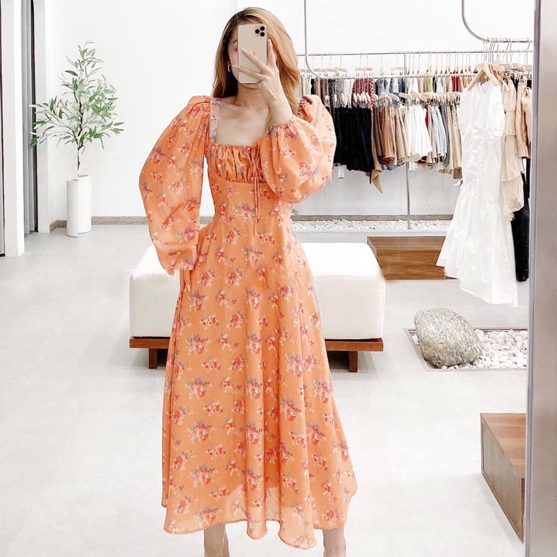 Crown Dress Floral Casual Sweet Holiday Korean Gaun Maxi Hijab Orange Peach Summer Pantai Lengan Pan