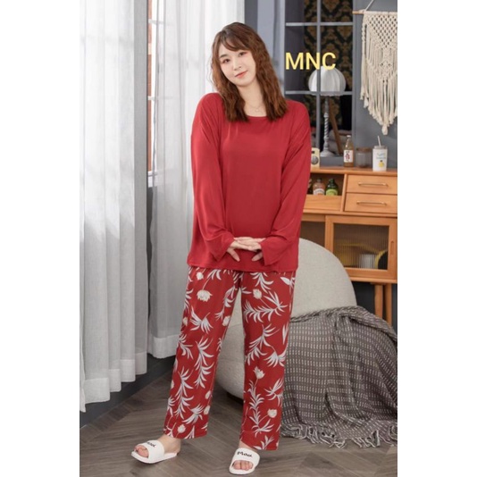 PIYAMA PP WANITA IMPORT SPANDEX|BIGSIZE|JUMBO/SET OVERSIZE/BAJU TIDUR lengan panjang-PPSJ. MERAH BUNGA