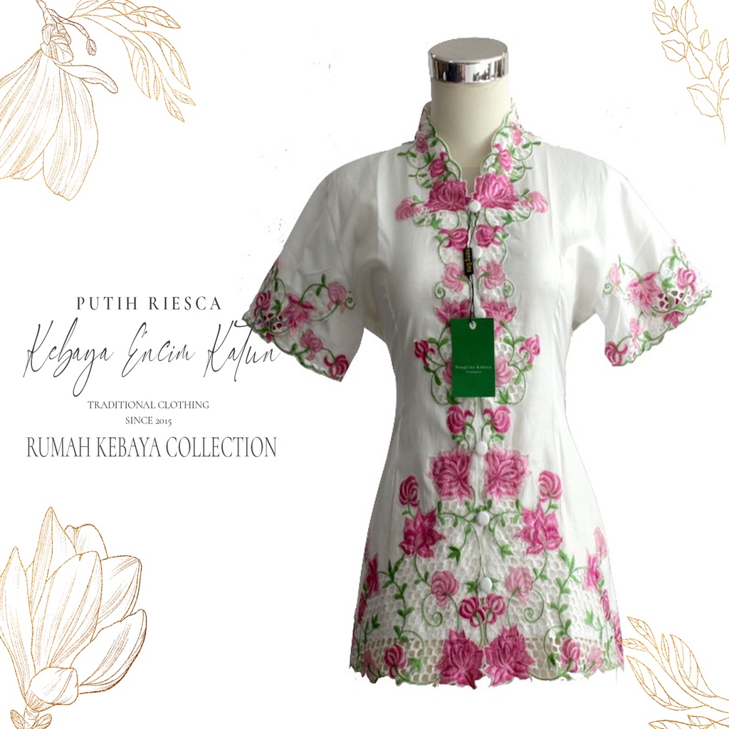 Kebaya Encim Kartini Katun Bordir Modern Putih Riesca Lengan Pendek Jumbo