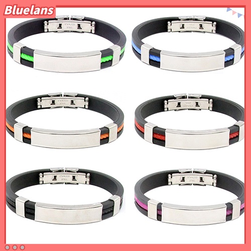 Bluelans Men Women Cool Stainless Steel Rubber Wristband Bangle Clasp Cuff Bracelet