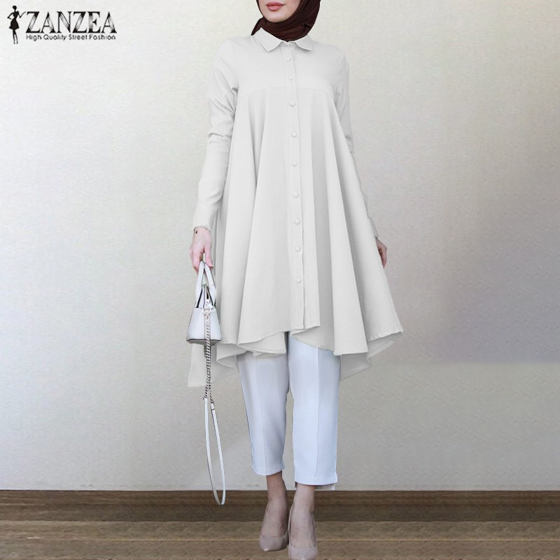 ZANZEA Women Casual Turn-Down-Collar Long Sleeve Muslim Blouse