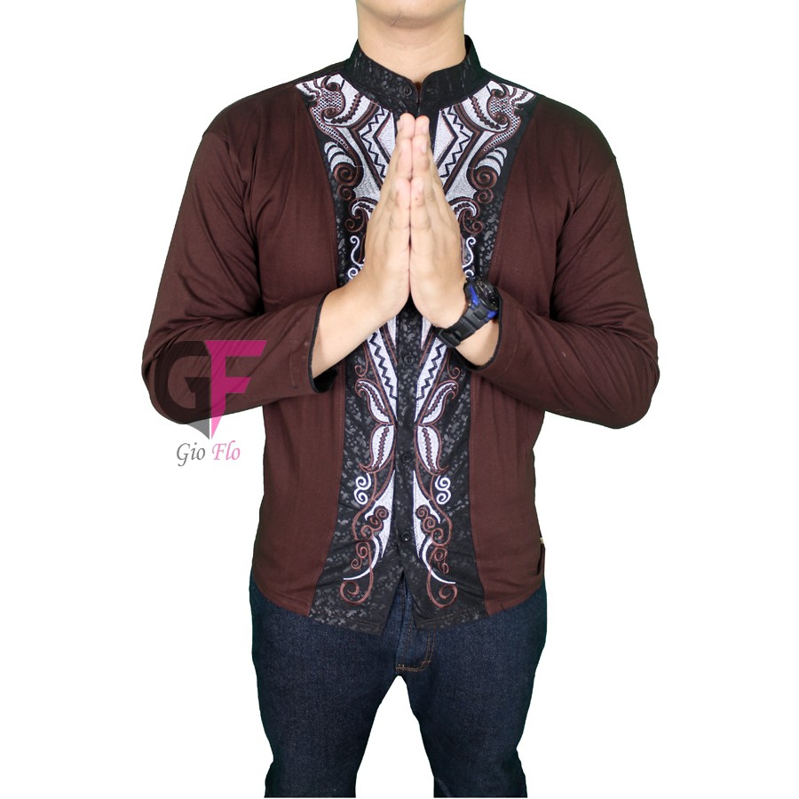 GIOFLO Pakaian Pria Muslim Baju Koko Bordir Panjang Modern Brown / KKL 12