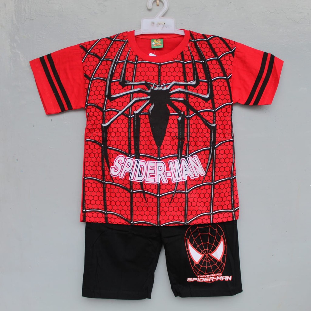 setelan baju kaos celana spiderman size 4-26