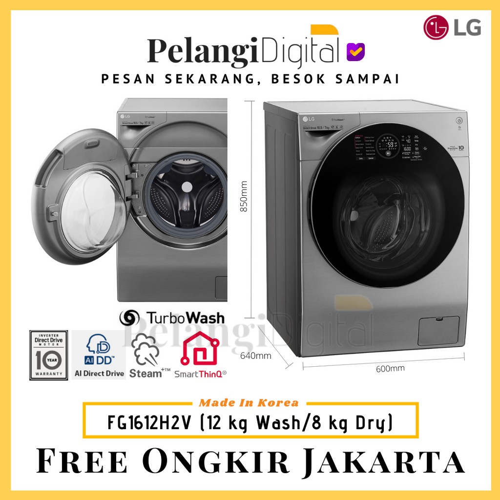 LG Mesin Cuci & Pengering - Front Loading Inverter Steam WiFi - Wash 12 KG / Dry 8 KG - FG1612H2V