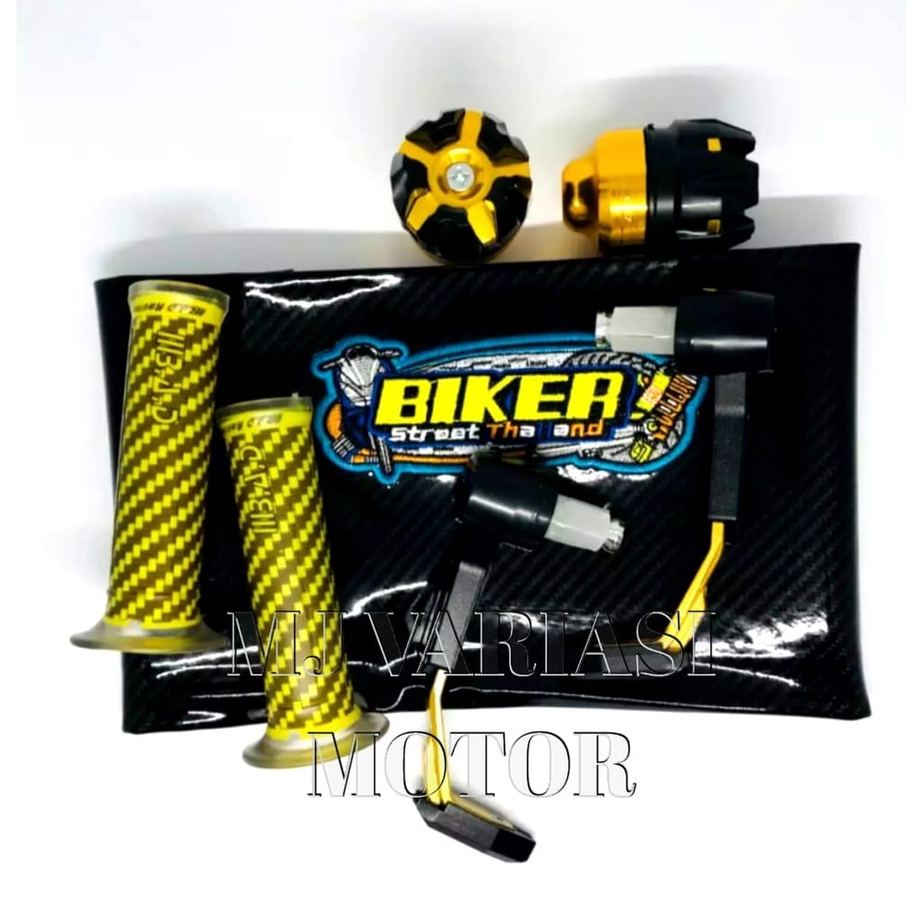 promo paket murah 4 item jok kulit hitam+proguard robot+as roda+grip karbon universal semua motor