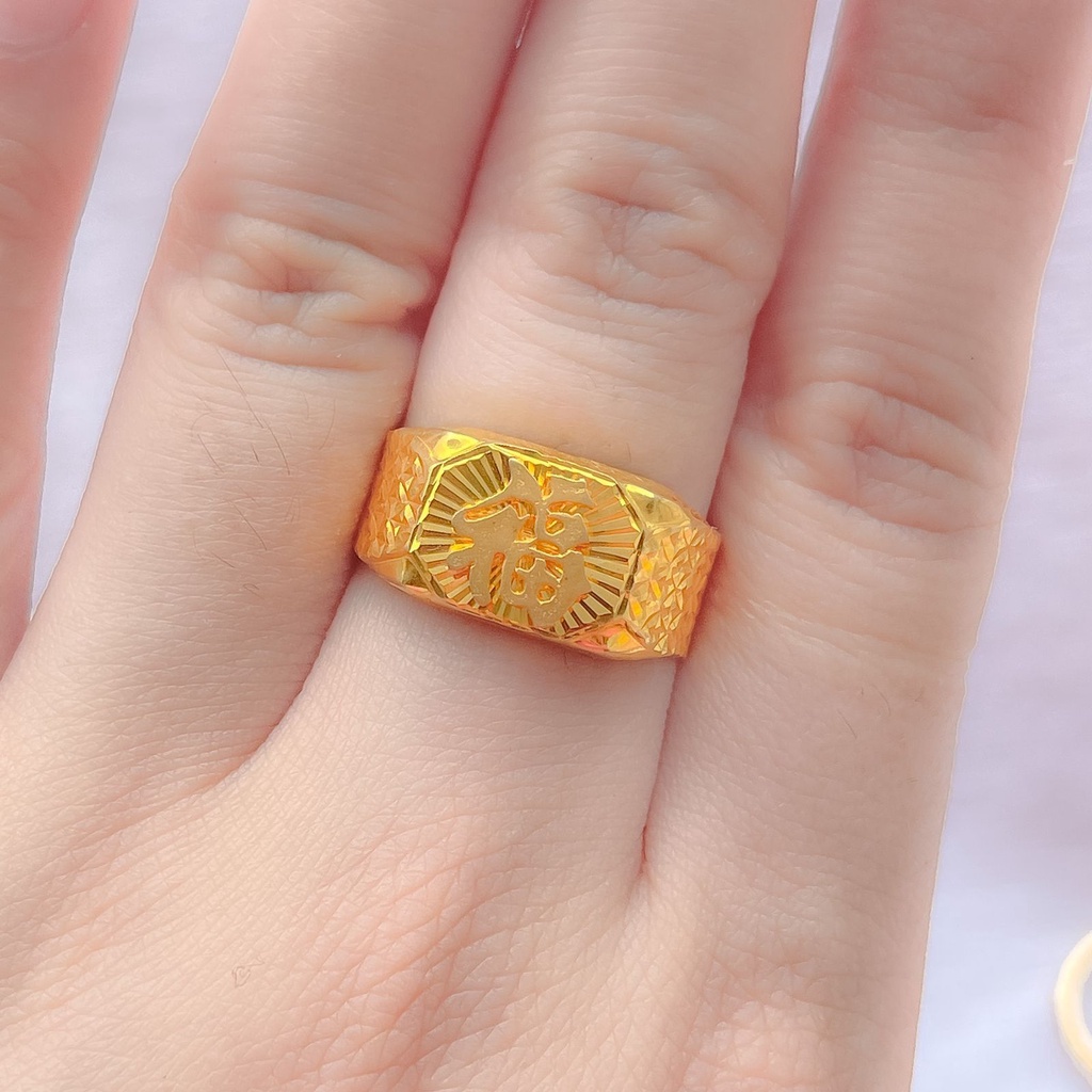 Cincin pria cowok anak dan dewasa emas asli kadar 700 65% 16k lebar ukir 福 hoki blessing ringan 1 gram besar terbaru