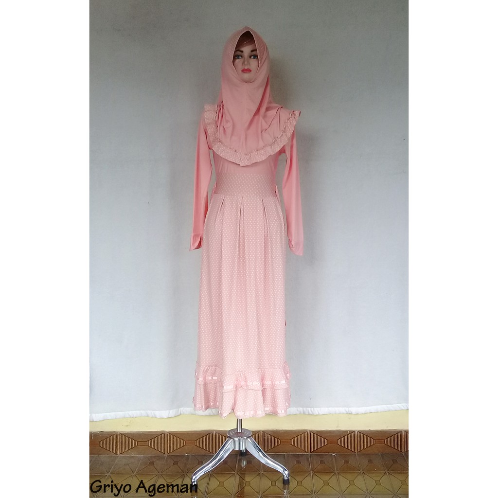 Gamis Oviena Peach Motif Polkadot