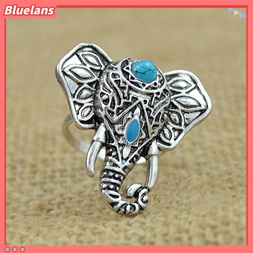 Cincin Jari Tengah Desain Gajah Turquoise Gaya Vintage Bohemia Untuk Perhiasan