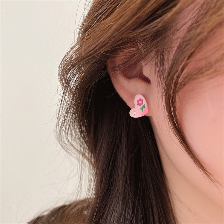 Anting Stud S925 Silver Bentuk Hati Bunga Tulip Warna Gradasi Pink Untuk Wanita