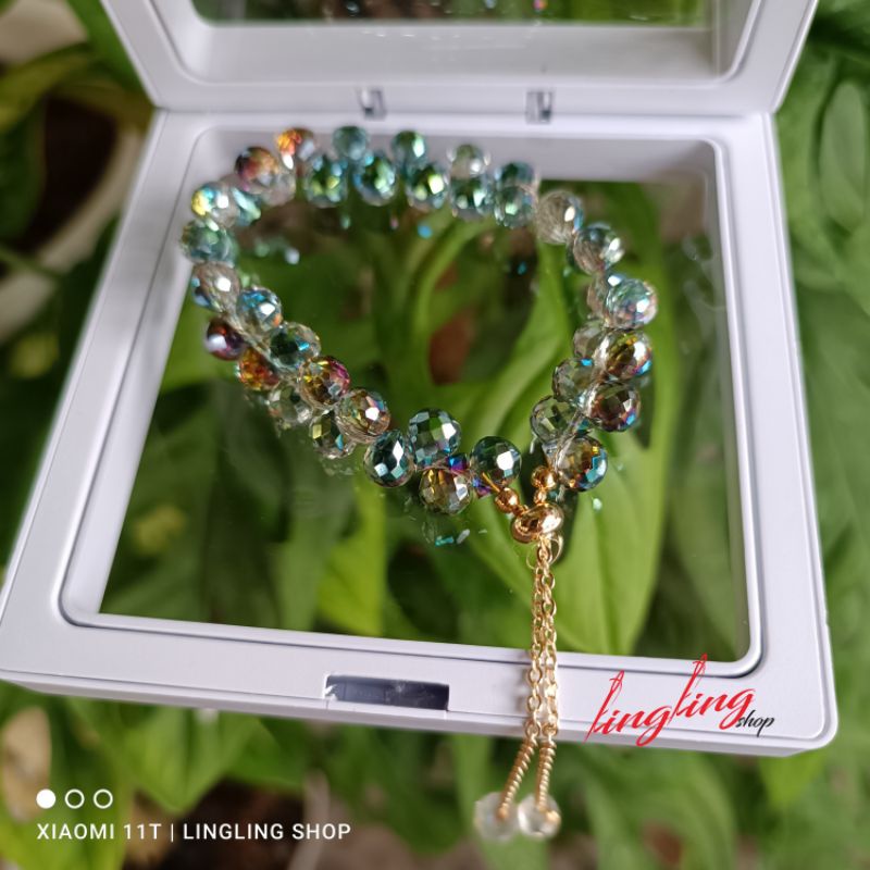Gelang kristal serut,gelang kristal serut korea,gelang kristal tali elastis free BOX-Birugradasi Serut