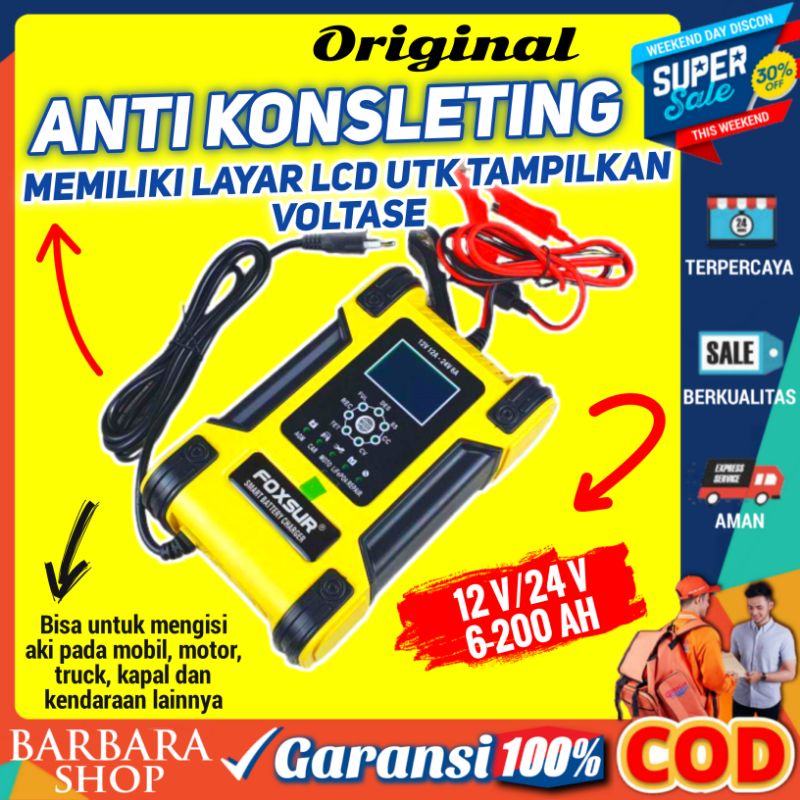 Charger Aki Motor Dan Mobil Otomatis 12V 24V Cas Cesan Carger Aki Truk Lead Acid 6-200AH FOXSUR