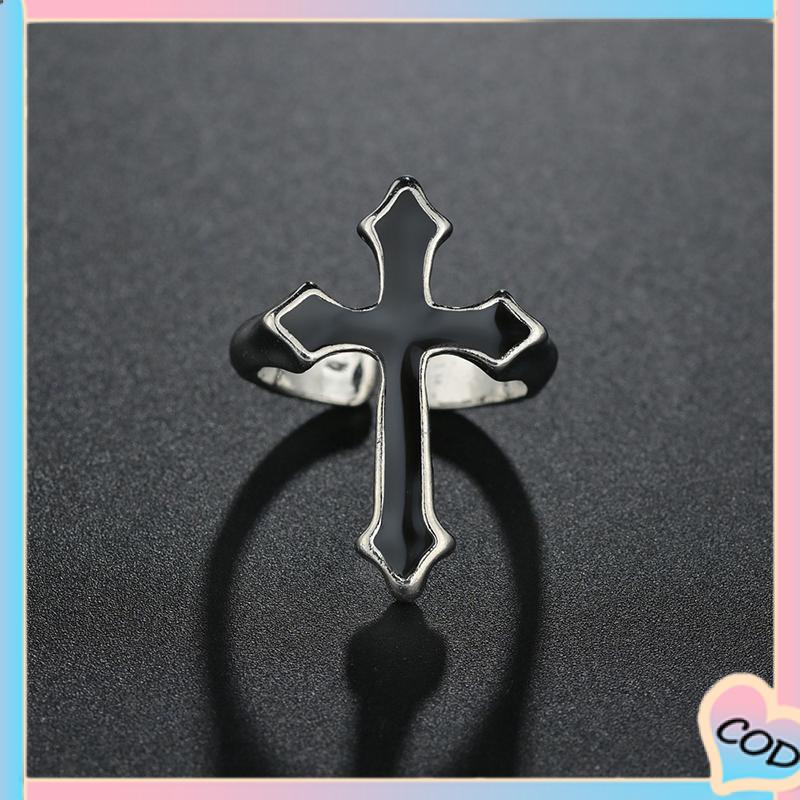 COD❤️ Retro Fashion Cross Cincin Pria Wanita Minyak Menetes Punk Jari Telunjuk Tren Cincin Hitam-A.one