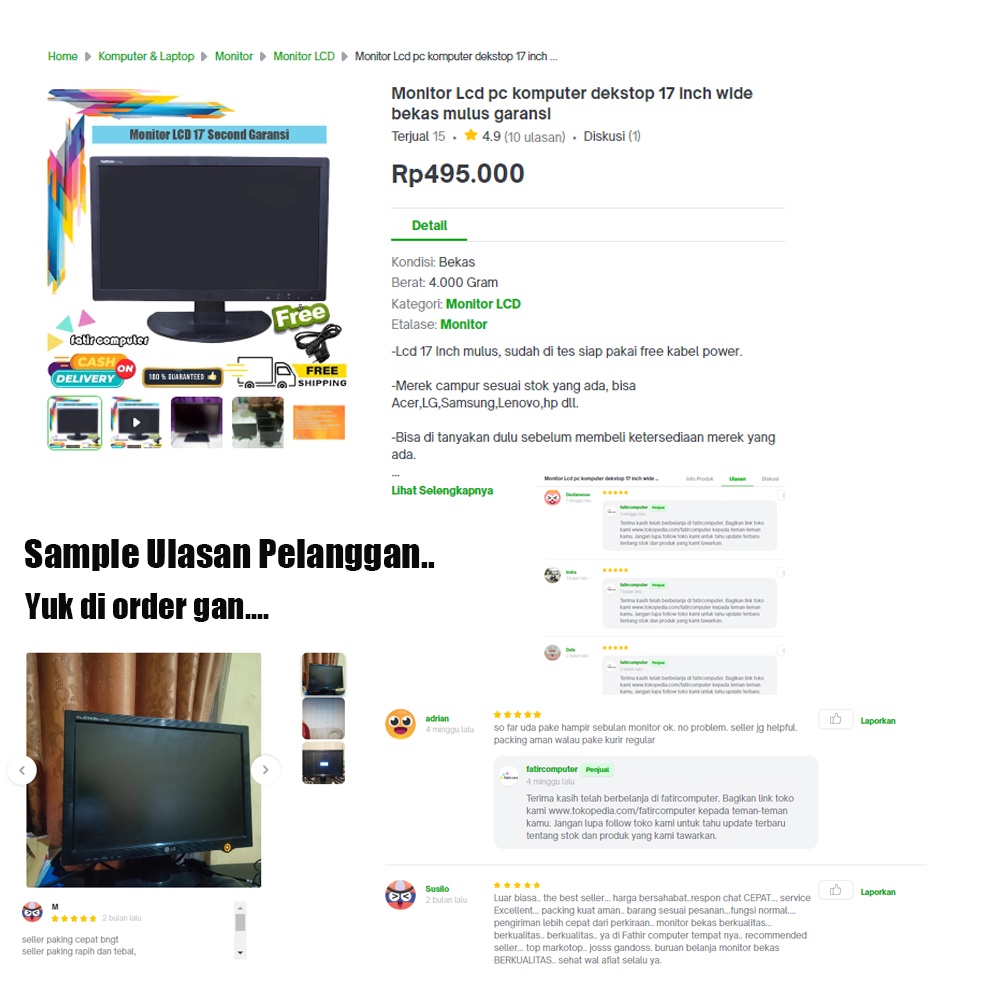 LED LCD Monitor PC Komputer Dekstop CCTV 17 Inch Wide Merek Campur Normal no minus Garansi Free Kabel Power