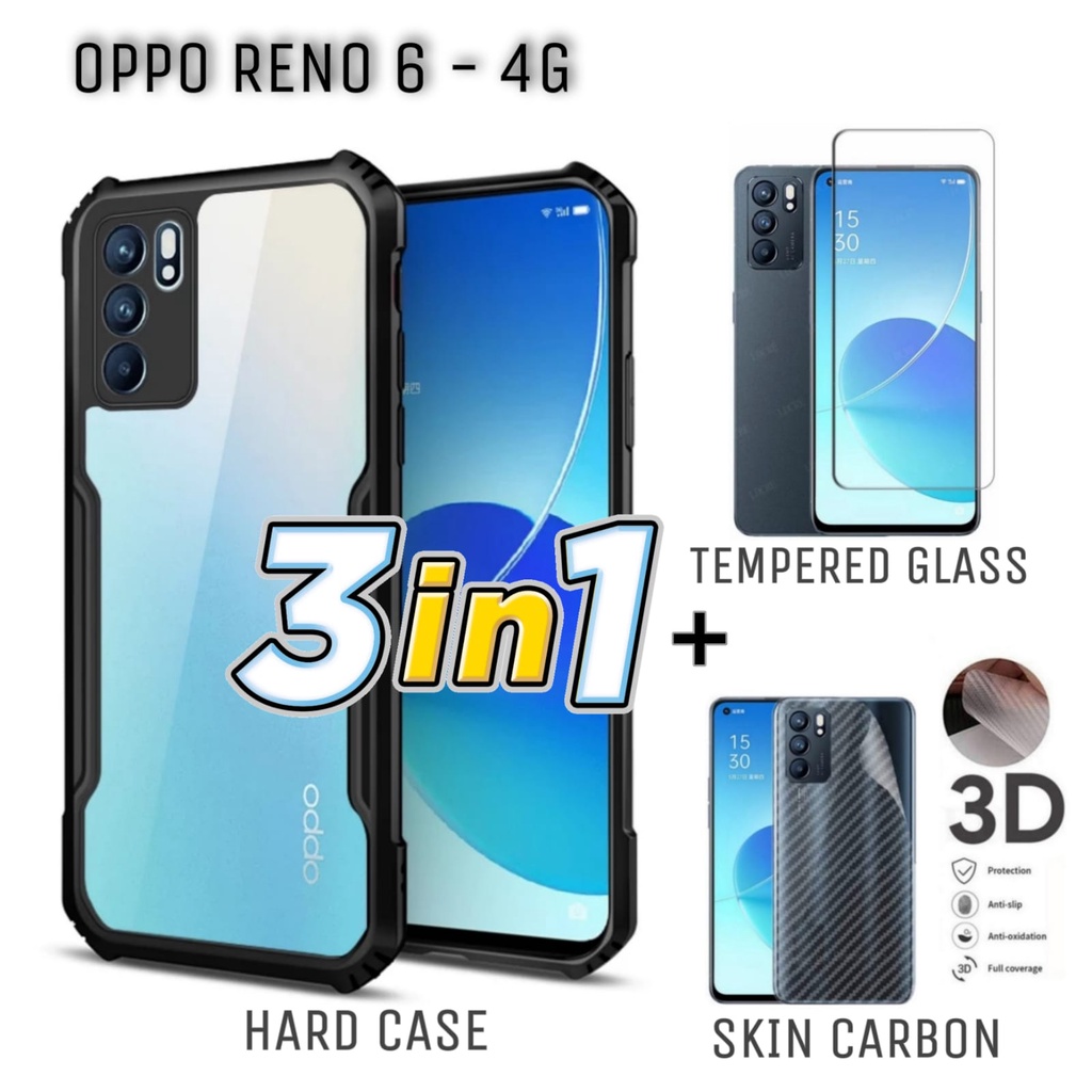 Case OPPO RENO 6 4G Promo 3In1 Hardcase Fusion Free Tempered Glass dan Garskin Carbon Handphone