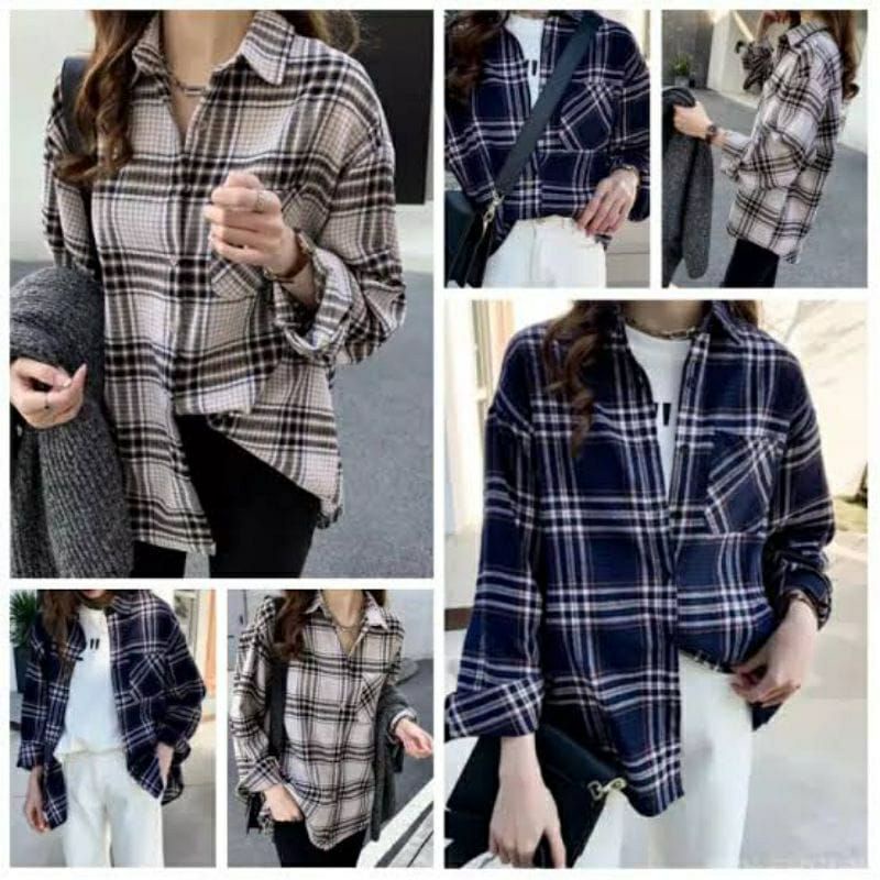 flanel wanita lengan panjang kemeja kotak unisex