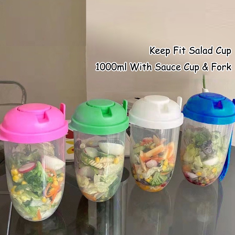 Set Mangkok Salad / Oatmeal / Sereal / Yogurt / Kacang Portable 1000ML Dengan Garpu