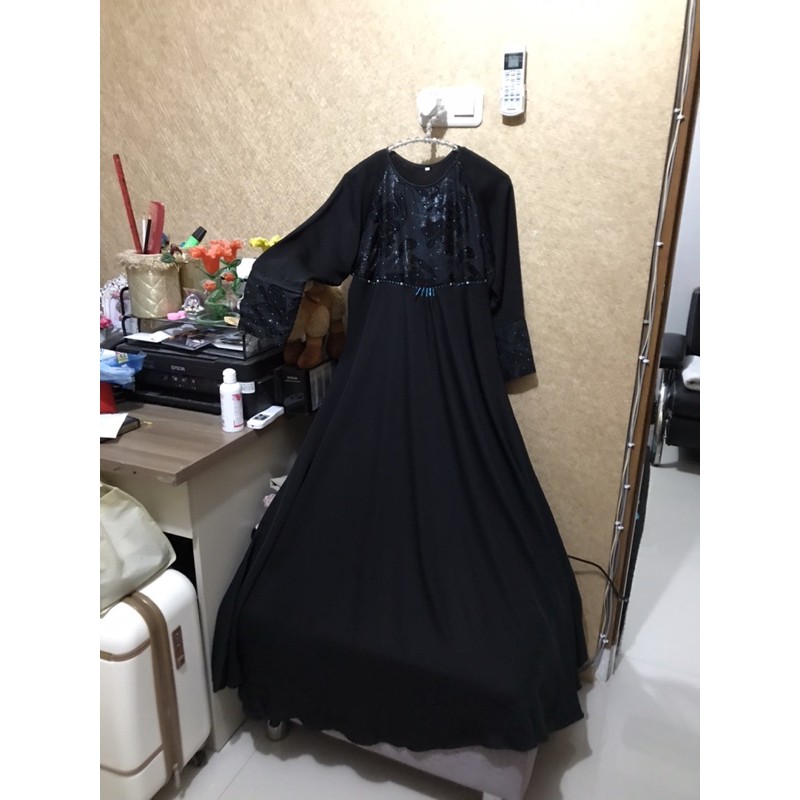 Preloved Abaya Saudi Dubai Hitam Polos Gamis Syari Payung Dress Bunga Flower Motif Pesta Mewah