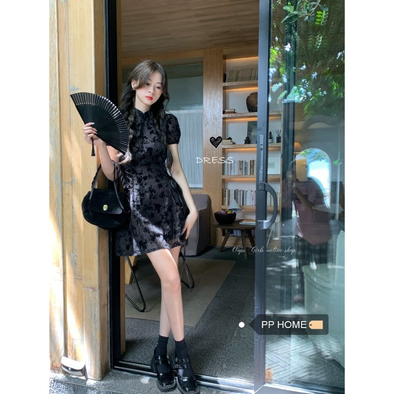 Gadis iblis hitam ~ baru gaya Cina lengan puff temperamen rok cheongsam musim panas pinggang tipis g