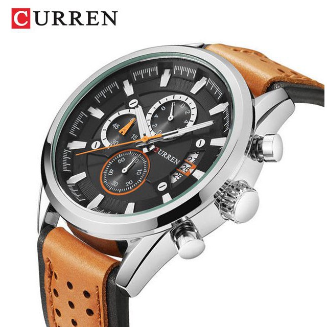 CURREN 8290 Jam Tangan Pria Analog Tali Kulit Chronograph Aktif WATCHKITE WKOS