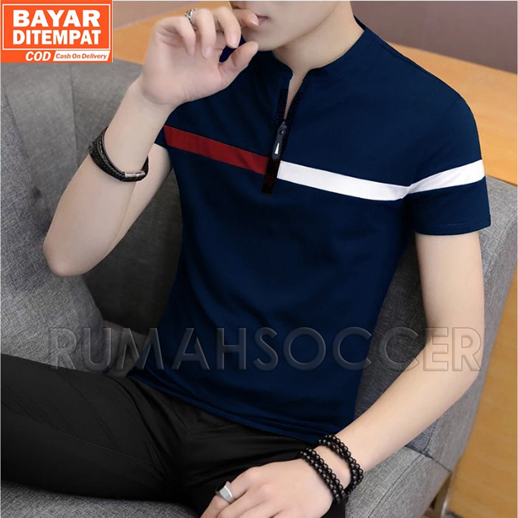 Kaos Pria Lengan Pendek Terbaru Bahan Katun Resleting Kerah Shanghai Original Distro Bandung - OMEGA