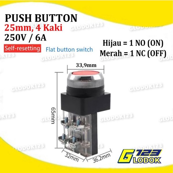 Push Button TAB 25MM PB2501 PB2511 2 4 Kaki Tombol On Off Merah Hijau