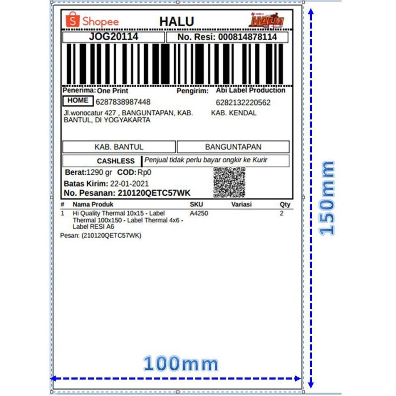 

Kertas Thermal Label Sticker Direct Ukuran A6 100 mm × 150 mm Eceran Per 1 lembar