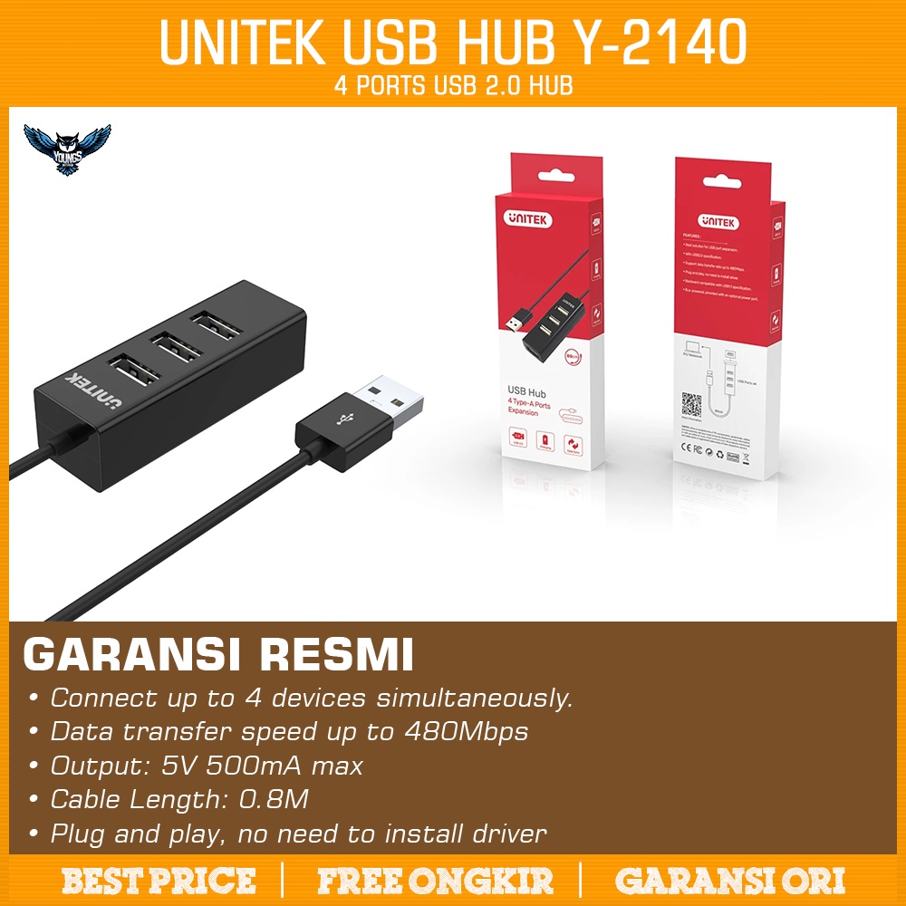 UNITEK USB HUB 2.0 | 4 Ports 80cm Cable Y-2140