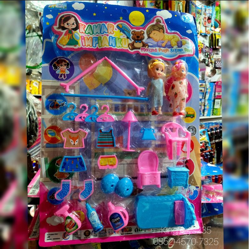 Mainan Anak Bedroom Kamar Jemuran Baju Cuci Tempat Tidur Kasur Ranjang Kursi Barbie Set Bayi 2pcs