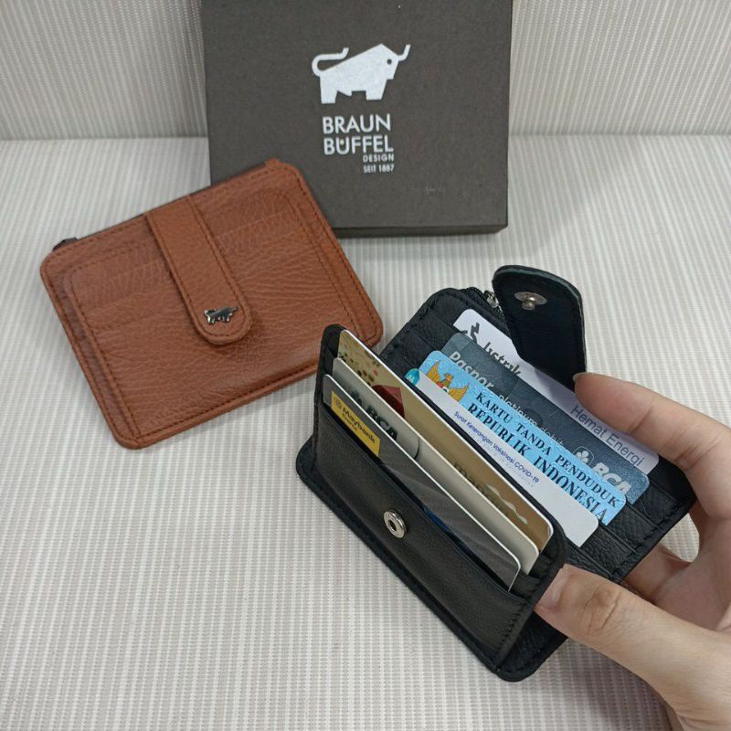 Dompet kartu kancing sleting kulit sapi asli + box