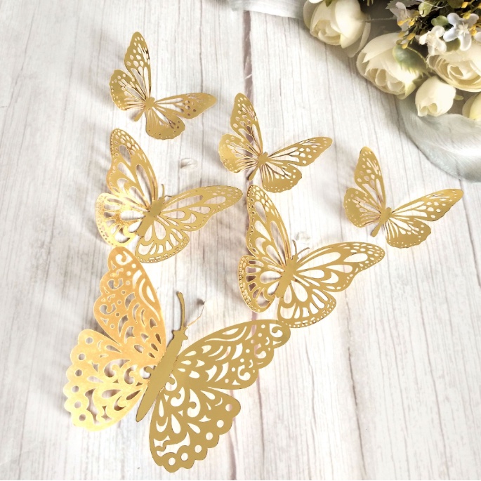 COD❤️12pcs Sticker Butterfly 3D Kupu-kupu Dekorasi Dinding Aesthetic Emas Bunga Decor Hiasan Mahar Rustic Dekorasi Wall Sticker