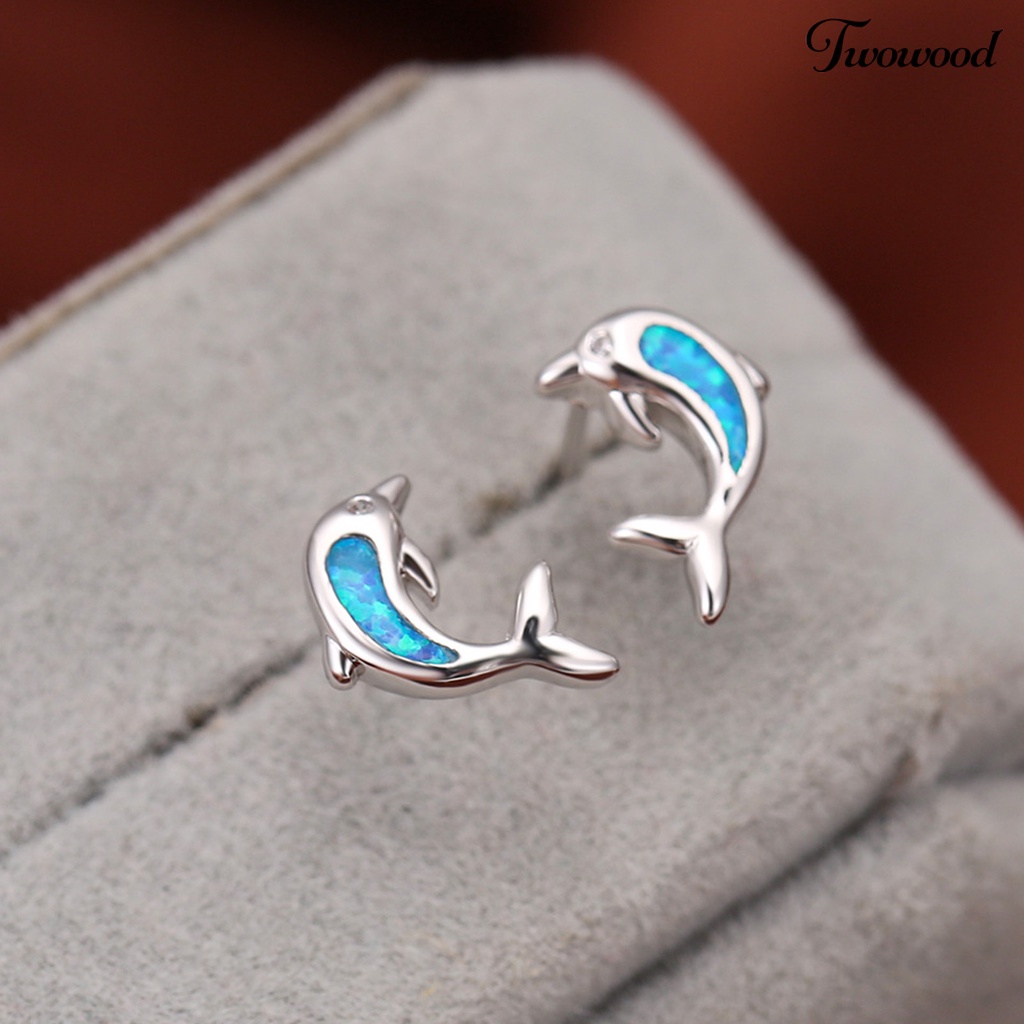 Twowood 1 Pair Lady Ear Studs Dolphin Shape Colored Faux Stone Jewelry Lightweight Cute Animal Stud Earrings for Dating