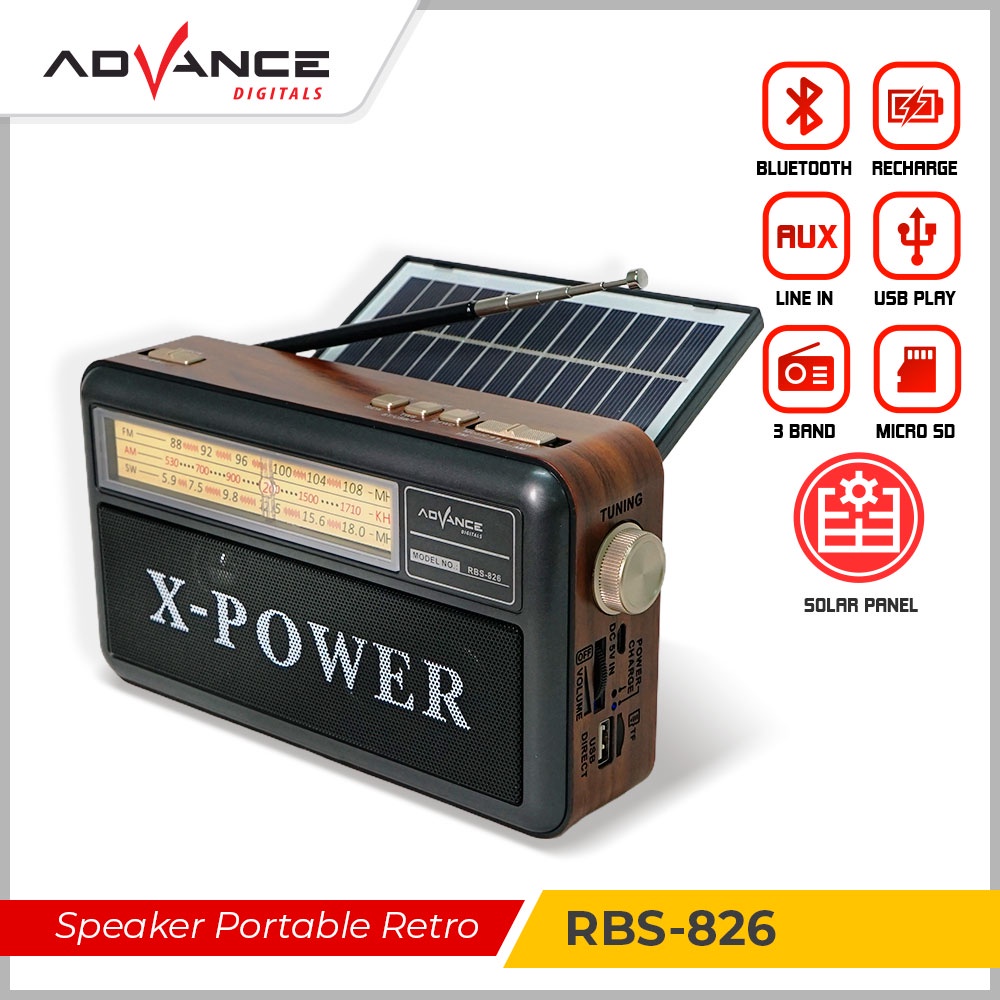 Advance RBS-826 Speaker Bluetooth Radio 3Band Panel Surya Charger With Flash Light Portable Speaker