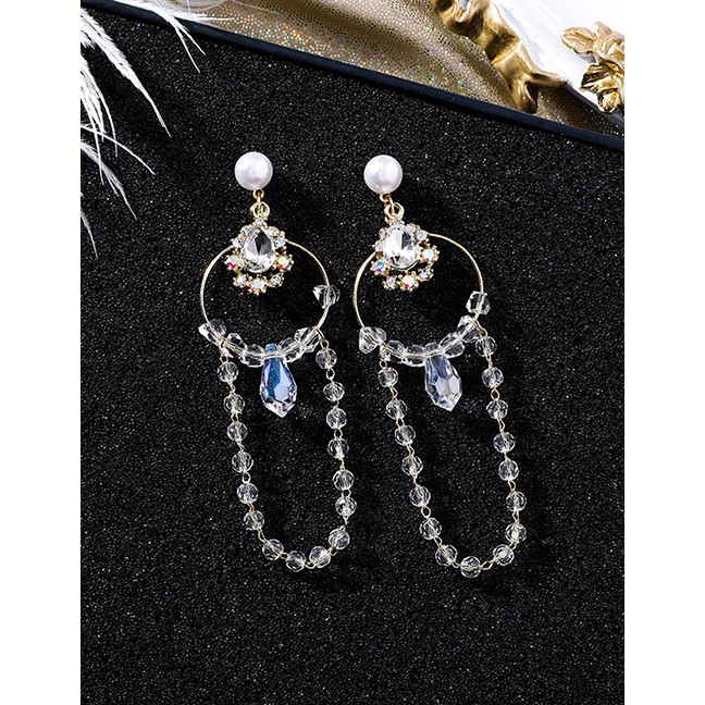 LRC Anting Tusuk Fashion Gold Pearl Ring Dripping Crystal Tassel Earrings F62467