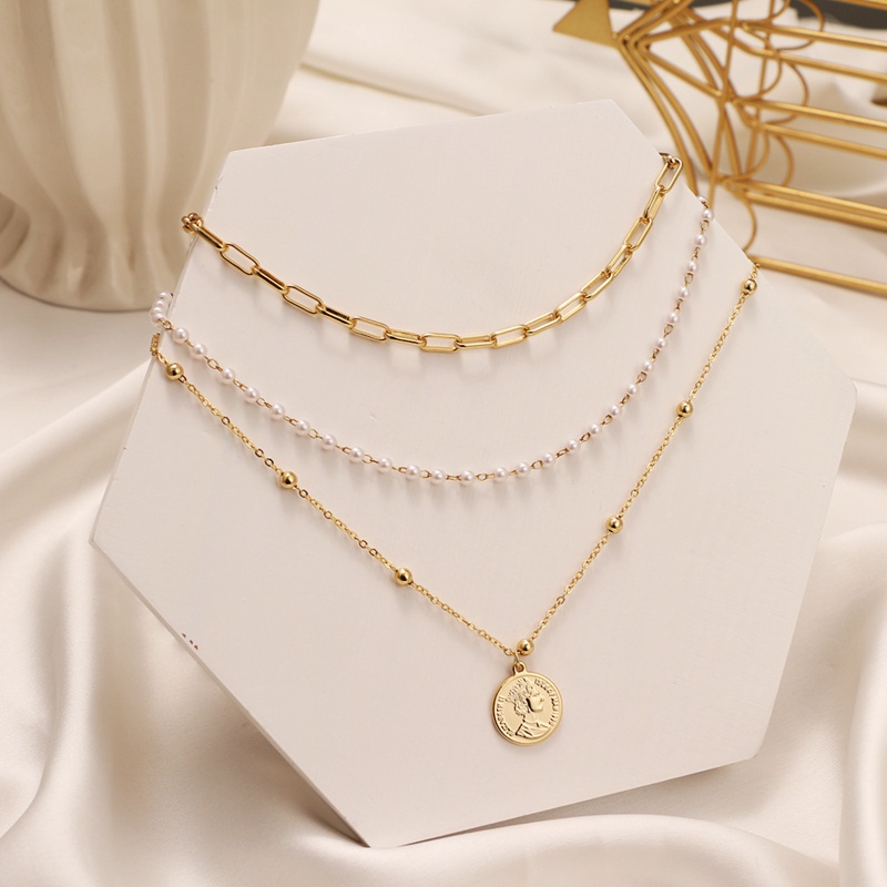 Multilayer Elegant Gold Necklace Pearl Fashion Pendant Portrait Chain Women Jewelry Accessories