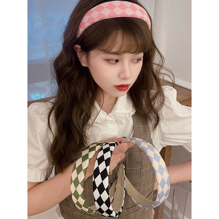 BANDO MOTIF KOTAK CATUR GARIS CHECKERED PATTERN BENDO WANITA KOREA LEBAR RETRO VINTAGE PADDED HEADBAND HAIR BAND RAMBUTp