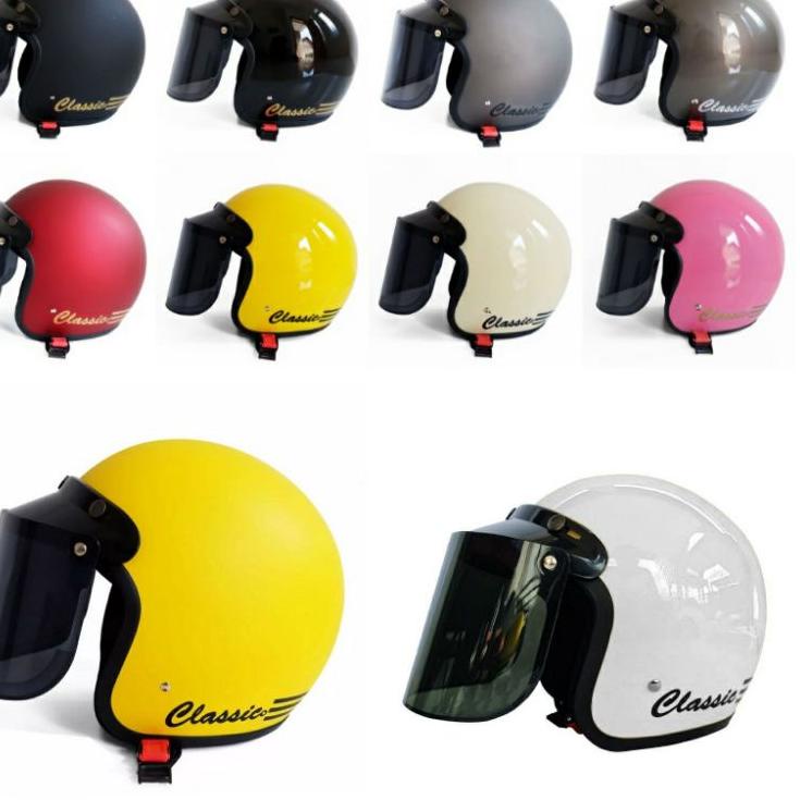 ➥ helm bogo classic kaca datar/helm bogo polos garis tiga kaca flat sni pria wanita/cod helm bogo kl